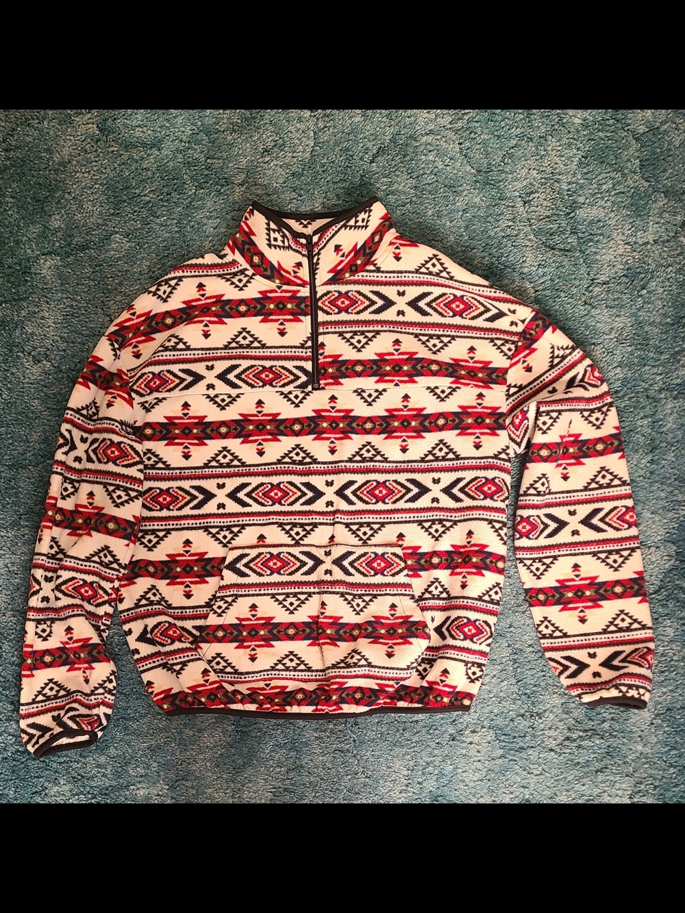 Unisex Aztec Pattern Quarter-Zip Sweater Jacket - Cream & Red